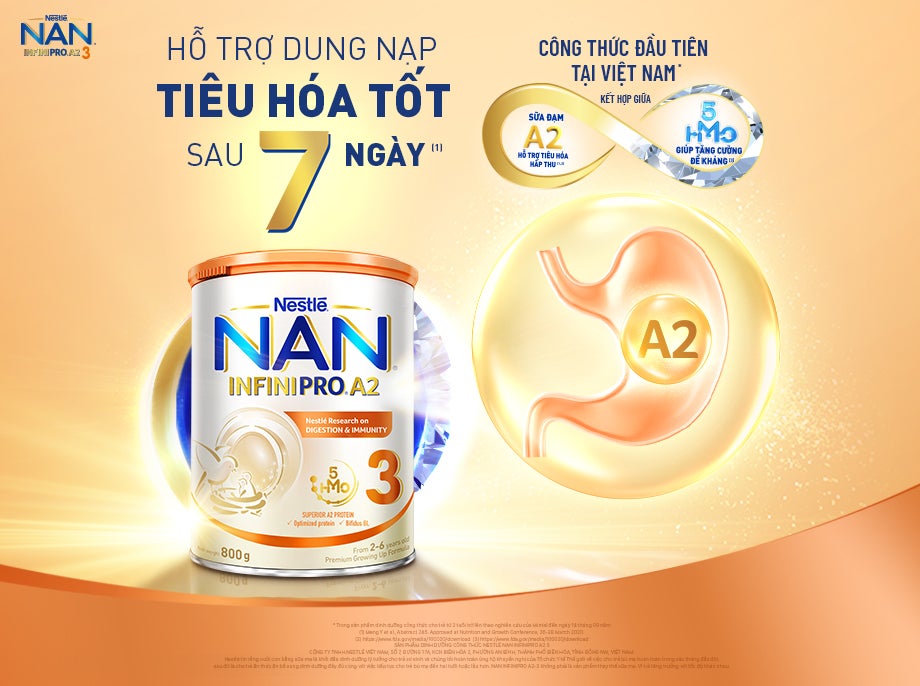 NAN Infinipro A2 (Bước 3) với sữa đạm A2 hỗ trợ dung nạp tiêu hóa tốt sau 7 ngày