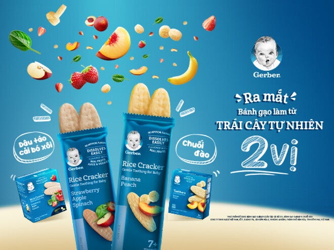 Bánh gạo Gerber từ trái cây thật giúp con yêu học nhai thích mê Bánh gạo Gerber từ trái cây thật giúp con yêu học nhai thích mê