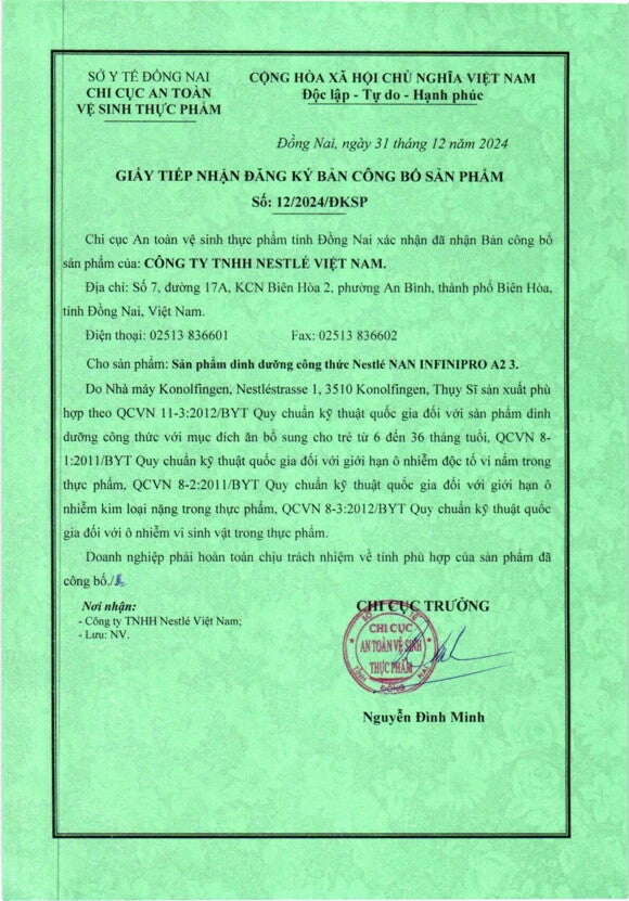 Giấy tiếp nhận đăng ký sản phẩm